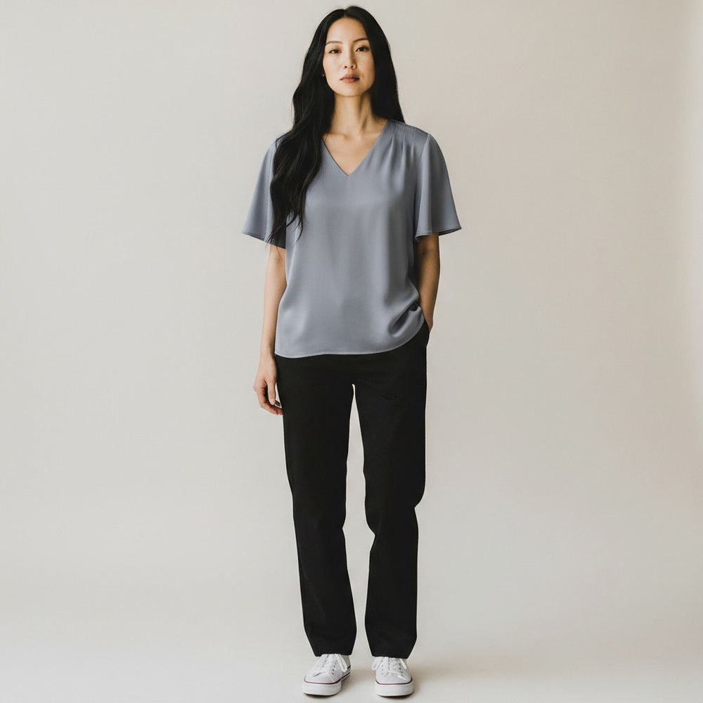 MOTF Slate Blue V-Neck Pleated Shoulder Blouse